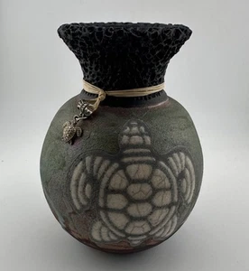 Javier Gaytan Raku Vase W/ Honu Sea Turtle And Turtle Charm - Picture 1 of 9