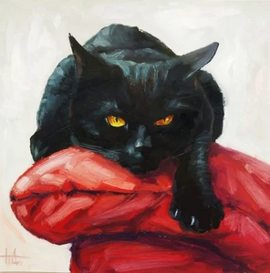 Dipinto olio originale gatto nero su cuscini rossi 10x10 pollici firmato dall'artista - Foto 1 di 6