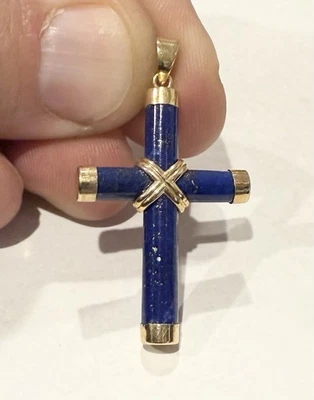 Pingente de cruz vintage de ouro maciço 14k lápis-lazúli 1,5” - Imagem 1 de 4