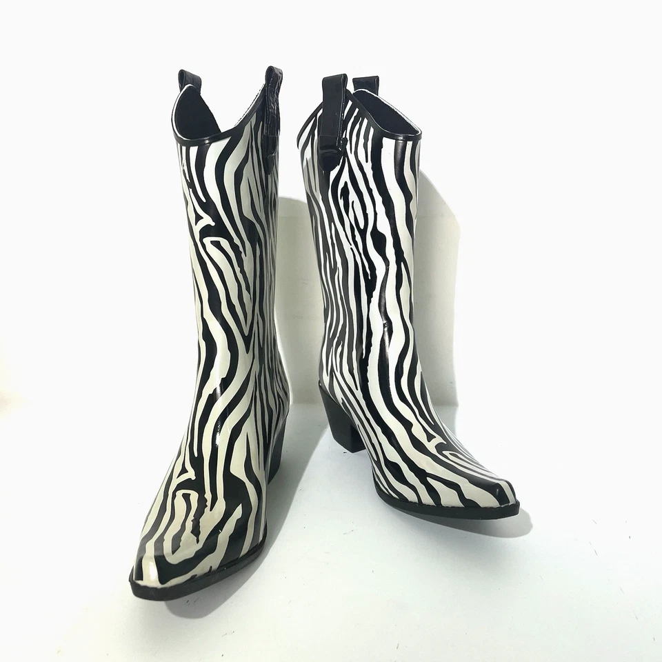 Women's 9M Zebra Print Rain Boots Y2K Vintage Heeled Western Cowboy - Image 1 of 4