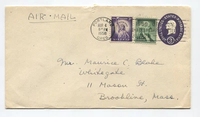 US Postal Cover 8/4/1958 SC# U534, 3 Cent Dark Violet with others Brookline MA - Image 1 of 2