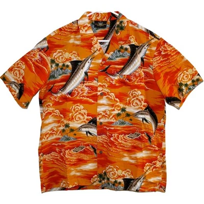 Marlin Swordfish - Camisa Aloha Hawaiana, Hecha en Hawaii - Naranja, Para Hombre Talla L Foto 1 de 4
