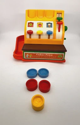 Caja registradora Fisher Price Play 1974 vintage con campana de trabajo, botones + 5 monedas Foto 1 de 4
