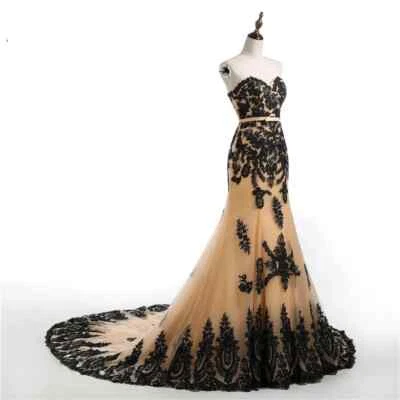 Black Gold Gothic Mermaid Wedding Dresses Sweetheart Lace Applique Bridal Gowns - Image 1 of 4