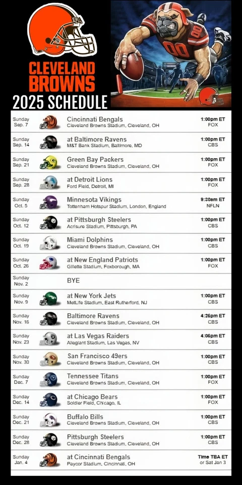 Cleveland Browns 2025 NFL Calendario de Fútbol IMÁN REFRIGERADOR 4" X 8" Foto 1 de 1