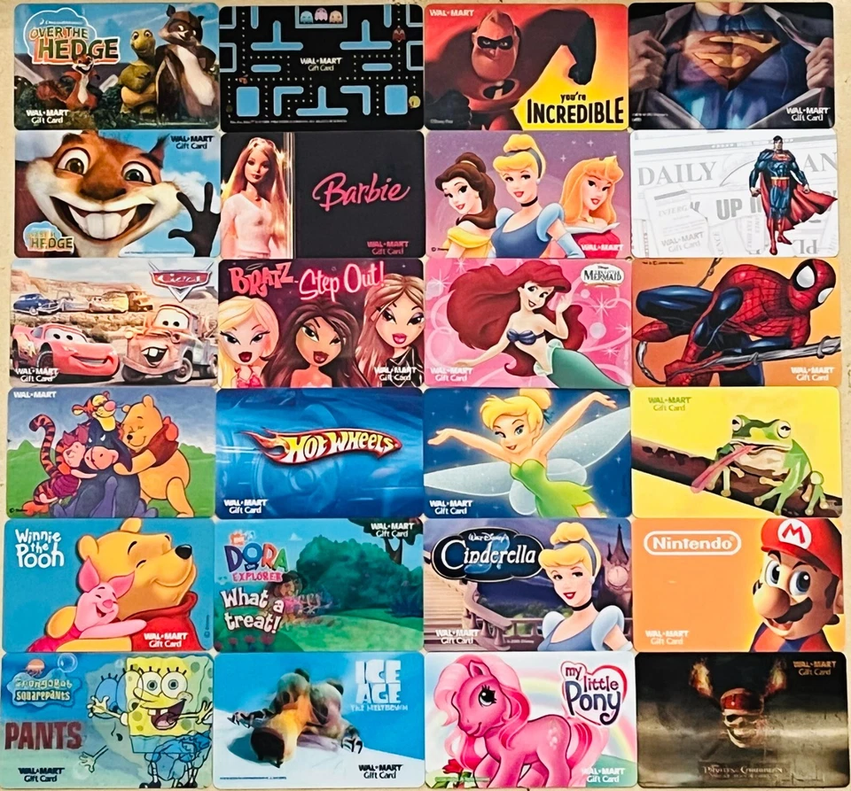 24 WALMART Gift Cards Disney Pooh Spidey Superman Barbie Nintendo Spongebob +++! - Image 1 of 4