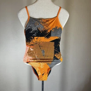 SPEEDO Endurance+ Swimsuit Womens Orange Black Racing Cross Back 1 Piece - Picture 1 of 4