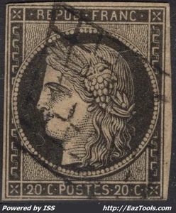 FRANCE CERES 20c GRIS NOIR N° 3c AVEC OBLITERATION GRILLE SIGNÉ SCHELLER - Picture 1 of 2