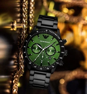 NEW EMPORIO ARMANI MENS STAINLESS STEEL BLACK BRACELET & GREEN DIAL AR11472 UK - Picture 1 of 9