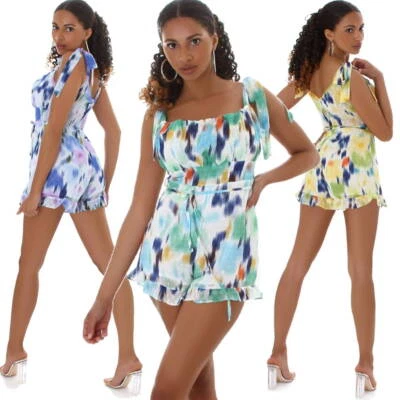 Damen Overall kurz Raffung Träger Onesie Jumpsuit farbenfroh Sommer  - Bild 1 von 4