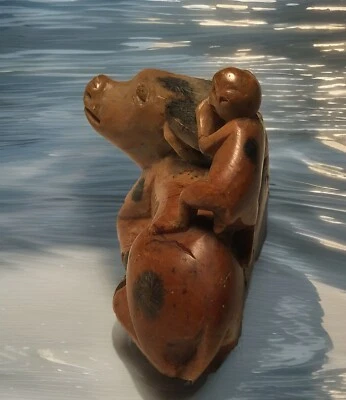 Chinese Soapstone Carving Water Buffalo Monkey On Back Good Luck Spiders - Image 1 of 4