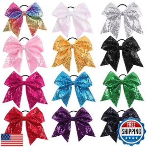 Oaoleer 12PCS 7" Large Glitter Cheer Hair Bows Ponytail Holder Elastic Band H - Picture 1 of 5