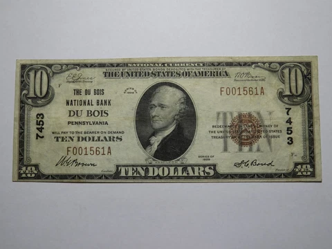 $10 1929 DuBois Pennsylvania PA National Currency Bank Note Bill Ch. #7453 VF Cover