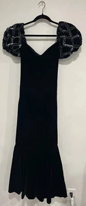 Vintage 80s Velvet Black Ruffle Puff Sequins Women's Dress 11/12 - Picture 1 of 6