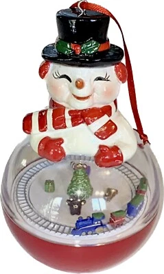 Rare Mr Christmas Vtg Ceramic Snowman Music Box Ornament, Rotating Train Globe - Image 1 of 4