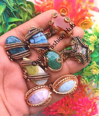 Lote de anillos de piedras preciosas y mezcla de piedras preciosas envueltos en alambre de cobre joyas a granel Foto 1 de 4