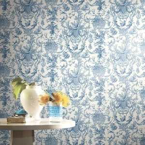Ashford Toiles Old World Toile Prepasted Removable Wallpaper, White/Blue - Picture 1 of 2