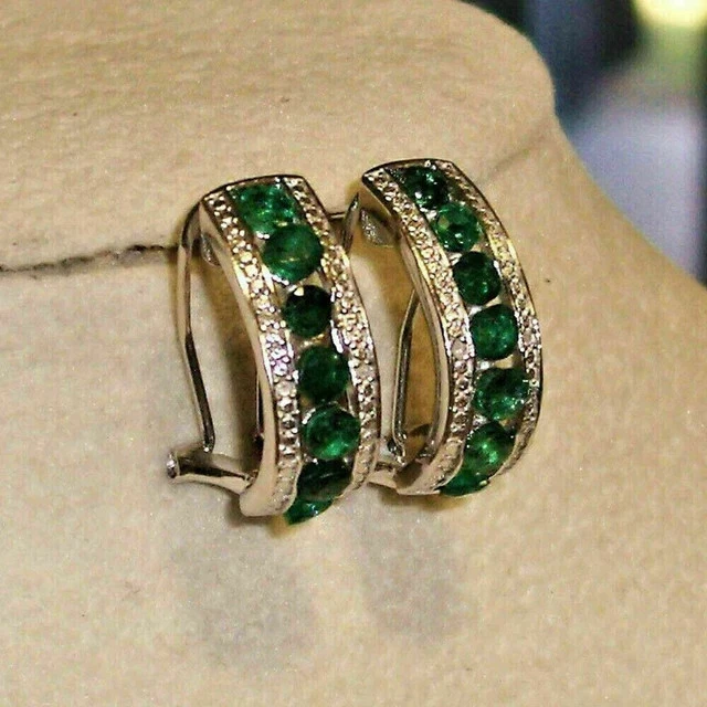 2Ct Round Cut Lab-Created Emerald Hoop Clip On Earrings 14k White Gold Plated - Image 1 of 2