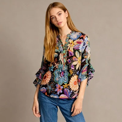 Blusa Johnny Was Zellah Seda Floral Volantes Plisada Cuello en V Talla S NUEVA SIN ETIQUETAS Foto 1 de 4