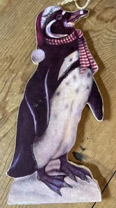 Vintage Style Penguin Paper Printed On Board Christmas Ornament Has Sparkles - Picture 1 of 13