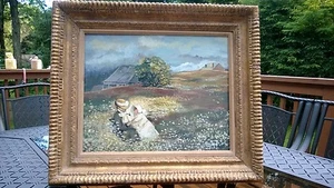 ANTIQUE  IMPRESSIONIST ORIGINAL SIGNED"LANDSCAPE WITH MADAME" PASTEL PAINTING - Picture 1 of 8