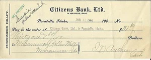 1910 Bozza Assegno BANCA DEI CITTADINI LTD Pocatello Idaho - Foto 1 di 2