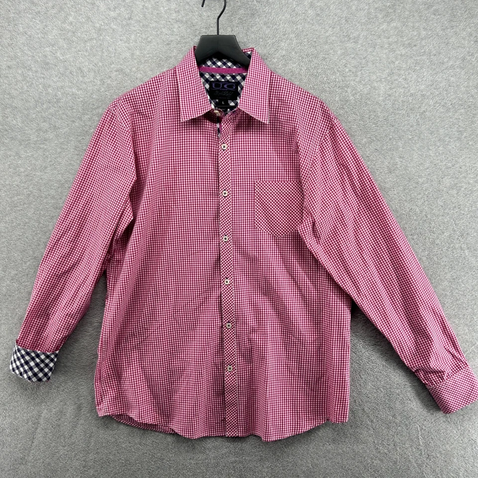 Camisa UG Etiqueta Púrpura Para Hombre Talla Grande Rosa Cuadros Manga Larga Abotonada Puño Abatible Foto 1 de 4