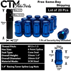 20x Blue 1.4" Tall 12x1.5 Spline Tuner Racing Lug Nut + Key Fit Hyunda Model - Picture 1 of 5