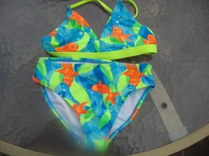 Girls Swimsuit 2 PC BIKINI SET Neon Yellow Teal GOLDFISH Sz S 6-6X - Picture 1 of 3