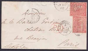 1862 2x 4d Pale Red Pl 3 London to Paris Scarce Double Rate FU Cat. £250.00++ - Picture 1 of 2
