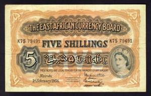 East Africa P-33. 1956 Five Shillings.. Elizabeth 11 Portrait.. gVF - Imagen 1 de 2
