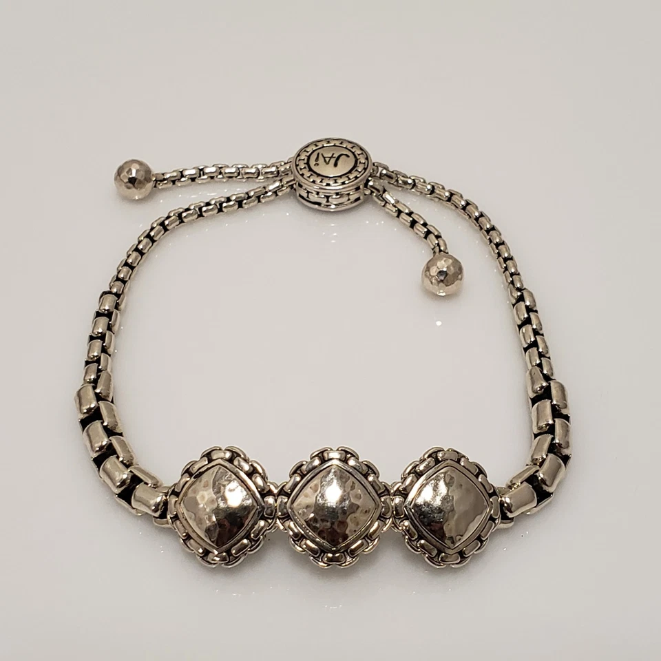 John Hardy JAI Sterling Silver Hammered Station Box Link Bolo Bracelet Adj - Image 1 of 4