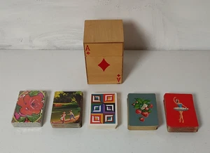 5 Decks Vintage Playing Cards with Aces Wooden Box with lid 4" Tall - Picture 1 of 13