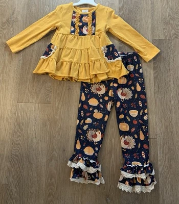 Adorable traje de acción de gracias con patas con volantes talla 4 boutique para niña con pavos Foto 1 de 4