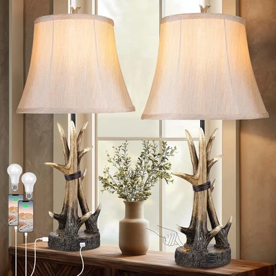 Rustic Table Lamps Set of 2 Farmhouse Antler Bedside  Bedroom USB 3-Way Dimmable - Image 1 of 4