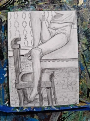 Woman Sitting atop Table 2.5 x 3.5 inches ACEO ORIGINAL OOAK Graphite Jmg - Image 1 of 3