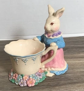 6" EASTER BUNNY mother RABBIT Ceramic style figure Tea Cup plant holder decor - Picture 1 of 5