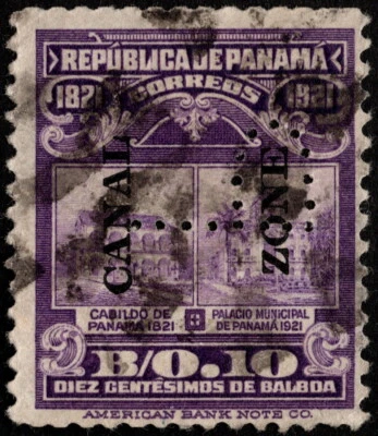 Canal Zone Scott # 63 - 10c Violet 1921 Issue with Official Perfin "P" Fine-VF - Image 1 of 2