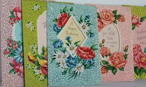 9er Set Vintage unbenutzt schwer Glitzer gestanzt Fenster Blumen Eleganz Karten - Bild 1 von 10