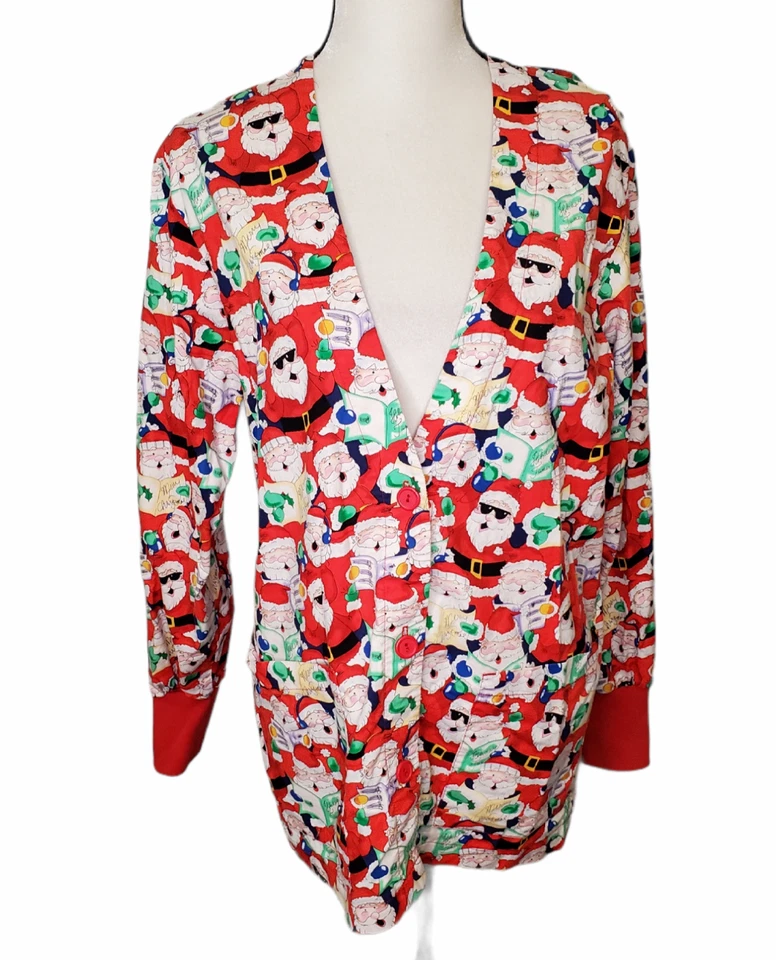 Peaches Size Small Christmas Scrub Top Long Sleeve Button Santa Claus Shirt - Image 1 of 4