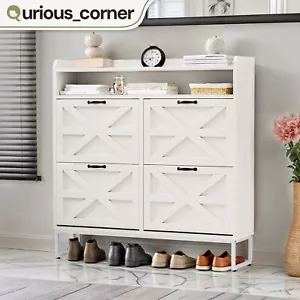 Farmhouse Shoe Cabinet Wood Top Shelf Storage Sneakers Rack Organizer Side Hooks - Picture 1 of 11