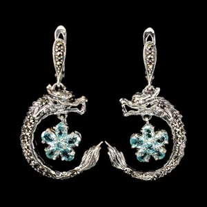 925 Sterling Silver Earrings Oval Blue Zircon Marcasite Dragon Gemstone Jewelry - Picture 1 of 10