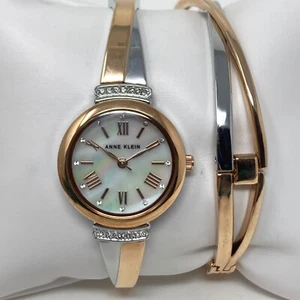 Anne Klein Watch Bracelet Set Women 27mm Silver Rose Gold Tone MOP New Batter 7" - Picture 1 of 14