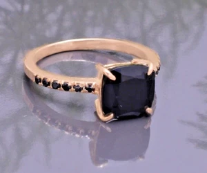 2CT Cushion Cut Black Lab-Created Diamond Engagement Ring 14K Yellow Gold Plated - Picture 1 of 7
