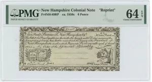 1755/6 New Hampshire 6 Pence NH-89 PMG CU64 EPQ c.1850 Cohen Reprint - Picture 1 of 2