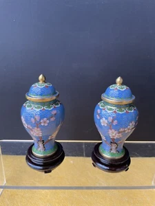 Pair Vintage Chinese Cloisonne Jars Urns, Light Blue Cloisonne Enamel Jars 4” - Picture 1 of 10