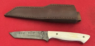 CUSTOM ALABAMA DAMASCUS FIXED BLADE TANTO KNIFE, BONE, by LEE - Image 1 of 3