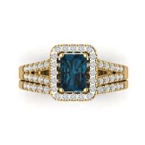 1.6 Emerald Round Cut Halo London Blue Topaz Promise Bridal set 14k Yellow Gold - Bild 1 von 5