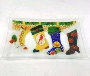 Vintage Peggy Karr Fused Glass Christmas Stockings Mantel Tray Plate 10" x 6" - Picture 1 of 8
