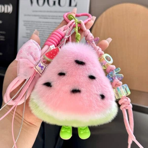 Real Rabbit Fur Watermelon Keychain Real Fur Ball Pompom Bag Phone Pendant Gift - Picture 1 of 4